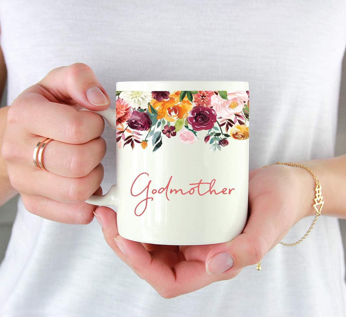 Andaz Press 11oz. Mother's Day Ceramic Coffee Tea Mug Gift, Fall Autumn Burgundy Orange Peach Flowers Roses Florals, Godmother, 1-Pack, Includes Gift Box, Birthday Christmas Gift Ideas