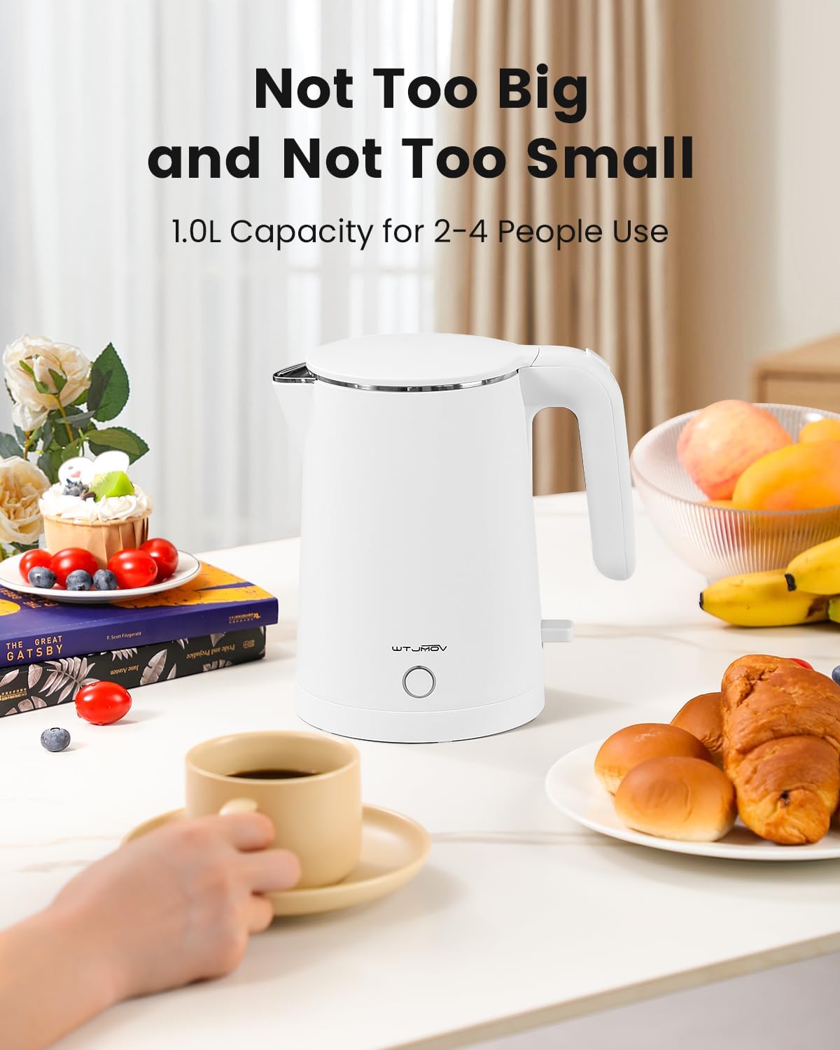 Electric Kettle Stainless Steel, 1.0L Small Water Boiler 1200W Fast Boiling, Double Wall Tea Kettle Pot Automatic Shut Off, Durable Coffee & Tea Maker/Warmer/Heater White