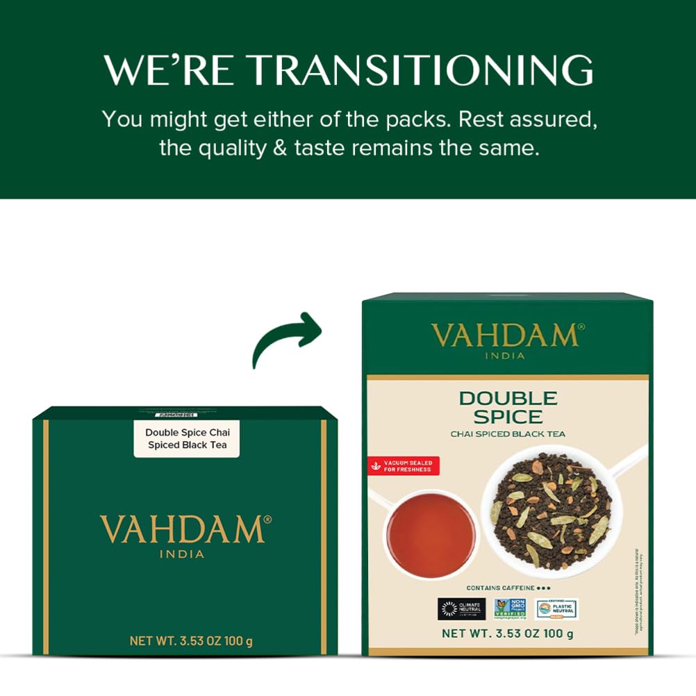 VAHDAM, Double Spice Masala Chai Tea (50+ Cups, 3.53oz) Strong, Robust & Spicy Blend - Black Tea CTC, Cardamom, Cinnamon, Cloves & Black Pepper | Pure Unblended Loose Leaf Tea | Vacuum Sealed
