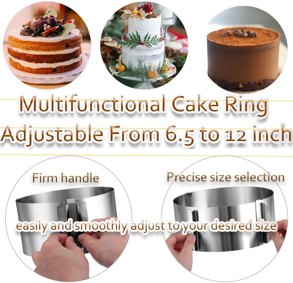 Cake Rings Mousse Mold Acetate Cake Collar Set - Adjustable 6 to12 Inches Stainless Steel Baking Rings Round Cake Molds with 5.5 x 394 Inch Clear Cake Acetate Sheet Rolls for Baking Pastry, Cake Decor