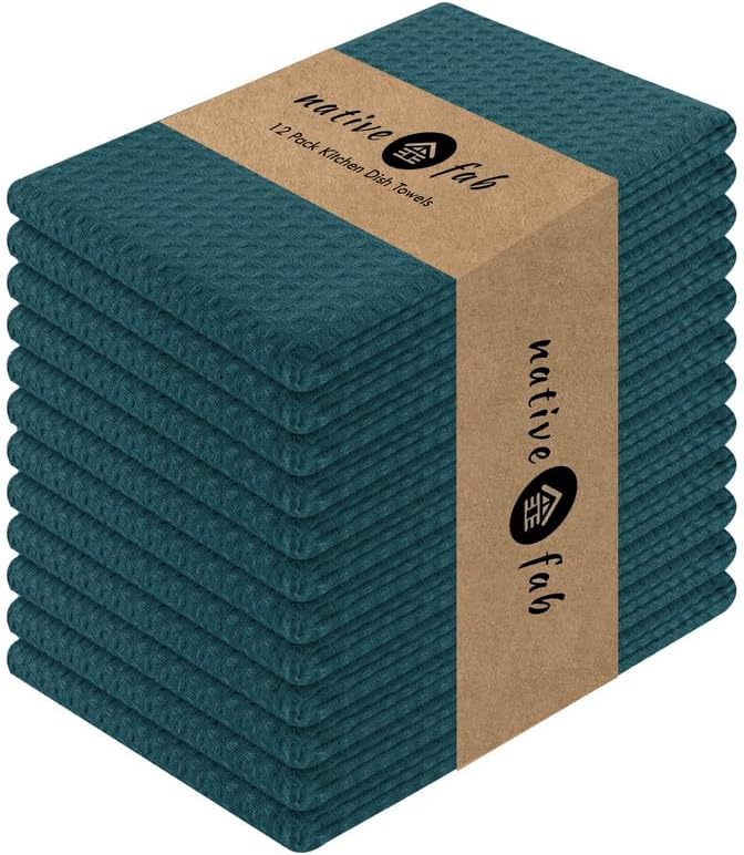 Native Fab Cotton Kitchen Towel with Hanging Loop 16x26 inches, 12-Pack, Waffle Weave Kitchen Towels for Cleaning Drying, Washcloths Soft & Absorbent Cloth Rags, Bar Towel, Dish Cloth, Teal Green