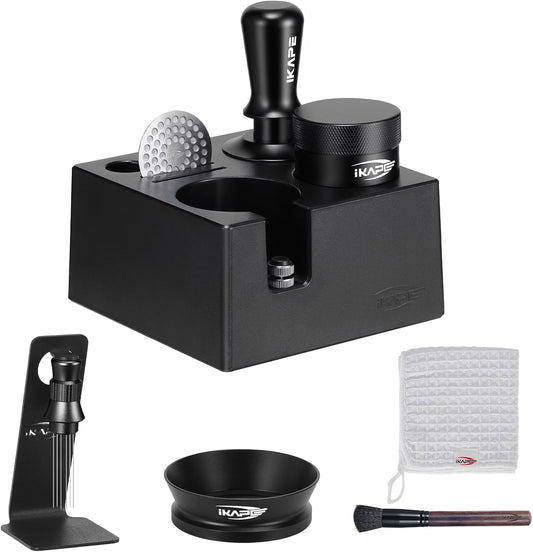 IKAPE 51MM Black Espresso Tool Set 8 IN 1, Coffee Tamper, Distributor, Magnetic Funnel, Puck Screen, Tamper Station, Stirrer Distribution Tool, Cleaning Towel and Brush