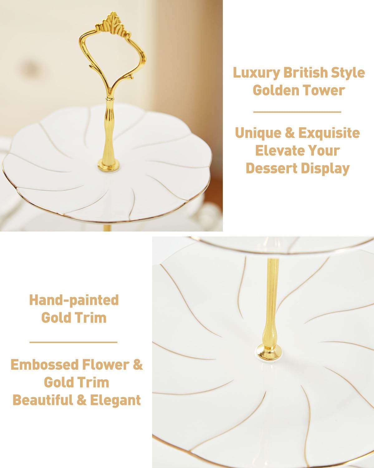 DUJUST Luxury Porcelain 3-Tier Cupcake Stand Tower, British Style Serving Tray with Golden Trim, Food Grade Dessert Display Stand, Beautiful Gift for Tea Party & Home Décor