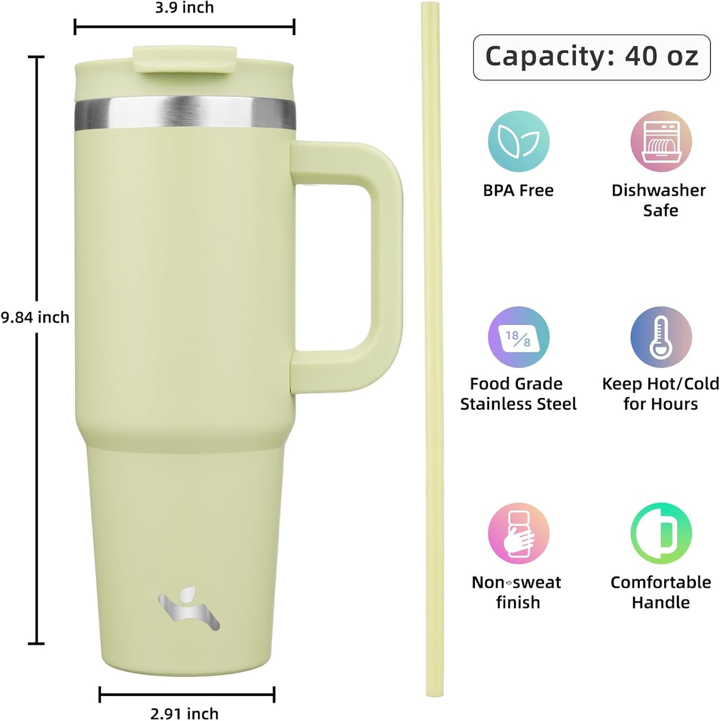 40 oz Tumbler with Handle and 2 Straws,2 in 1 Lid Insulated Water Bottle Stainless Steel Travel Coffee Mug,Macaron Green