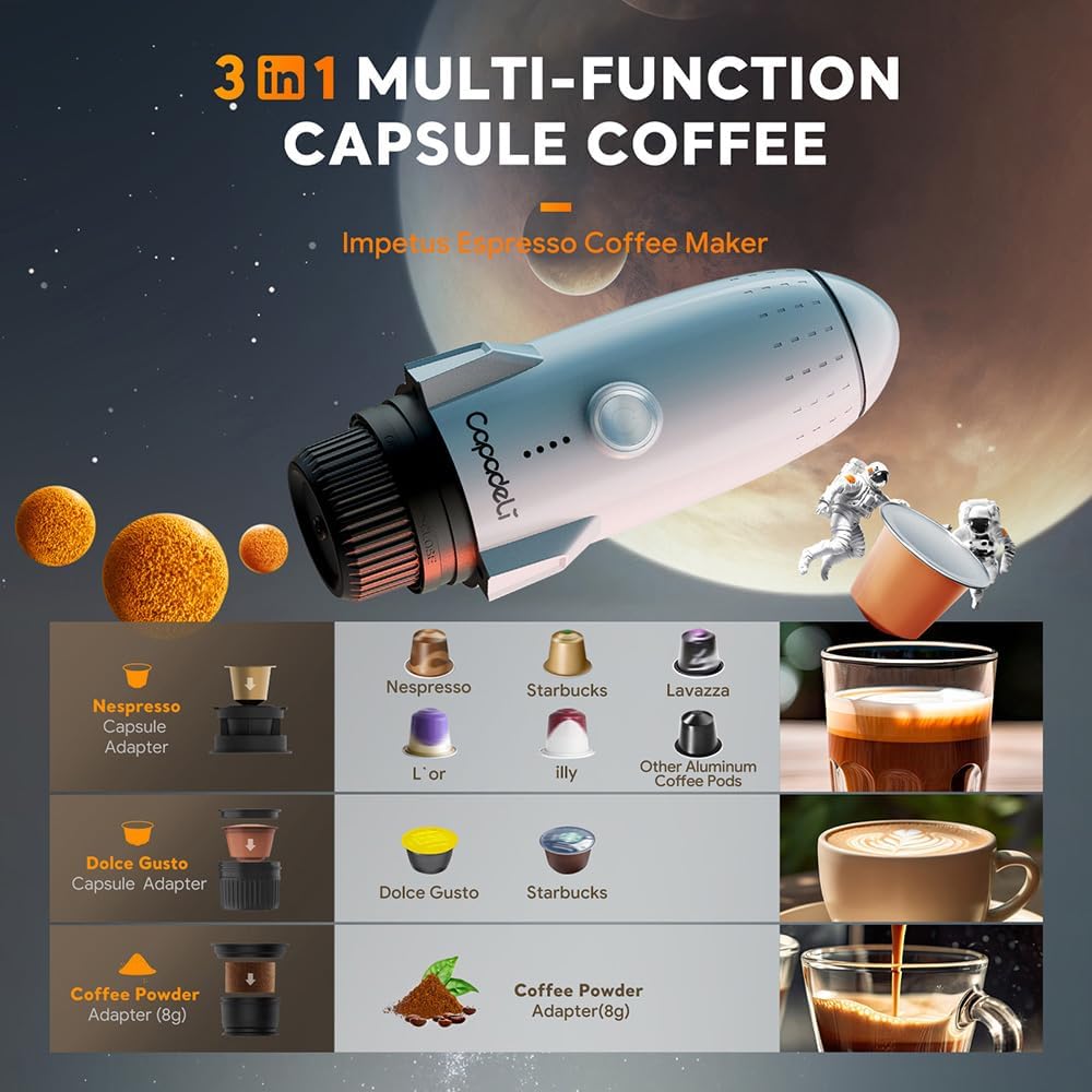 3 in 1 Portable Espresso Machine On the Go, Self-Heating Electric Espresso Maker, 19 Bar Mini Coffee Maker For Travel Camping & Hiking For Ground Coffee & N ESPRESSO/DolceGusto Pod, Bright White
