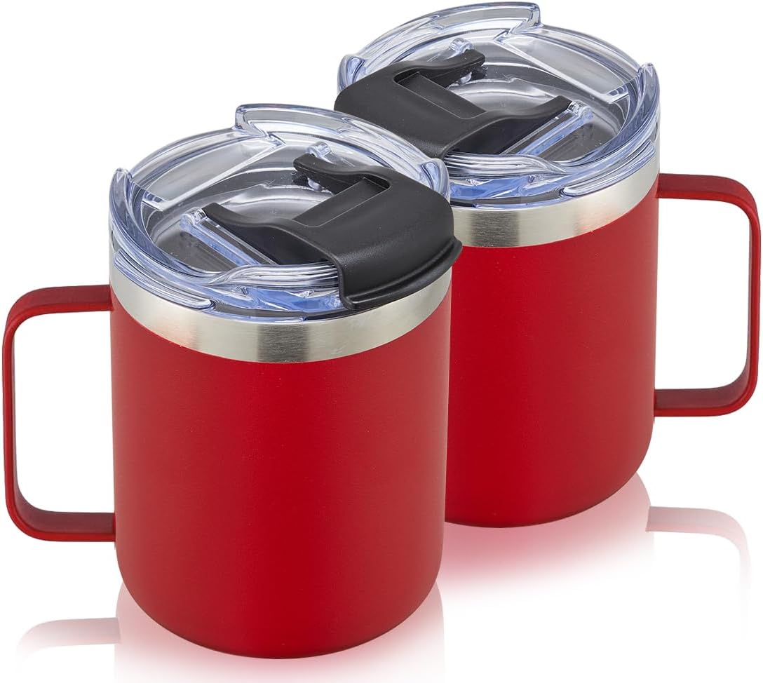 ALOUFEA 12oz Stainless Steel Insulated Coffee Mug with Handle, Double Wall Vacuum Tumbler Cup with Fliping Lid, Red, 2 Pack