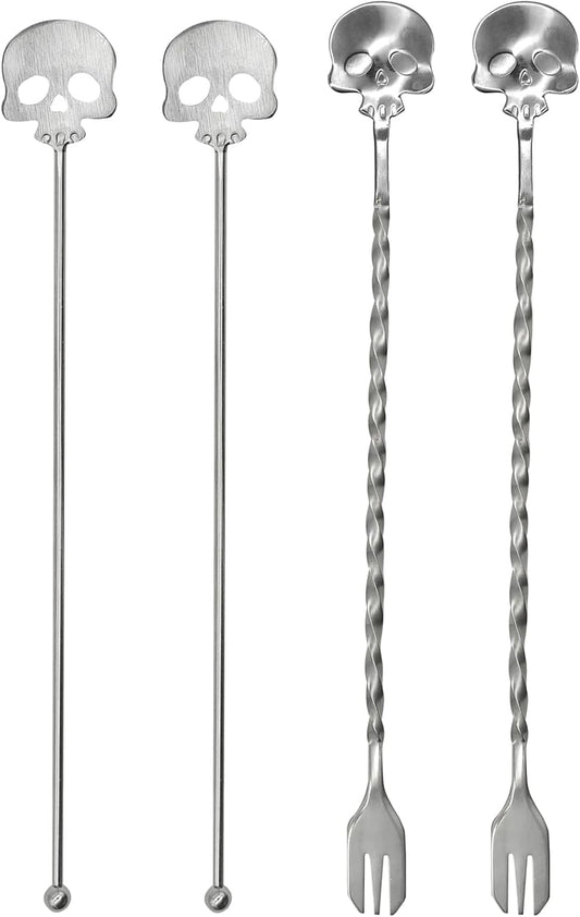 4Pcs Skull Swizzle Stick Bar Spoon Set Reusable Mixing Spoon 18/10(304) Stainless Steel Coffee Stirrer for Bar Home Halloween Party Stirring Cocktail Beverage Drinks