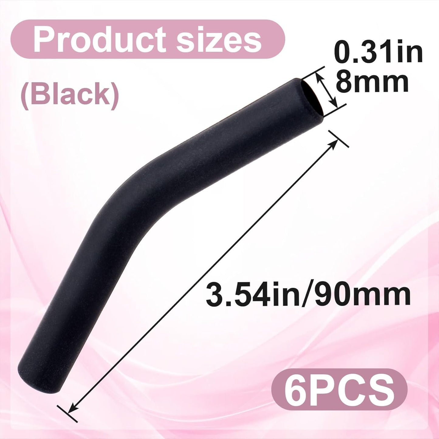 6pcs Food-Grade Silicone Metal Straw Tips, Reusable Flex Elbow Straws Cover Replacement Tips, Soft Straw Toppers Kits for 8 mm Stainless Steel Metal Straws - Black