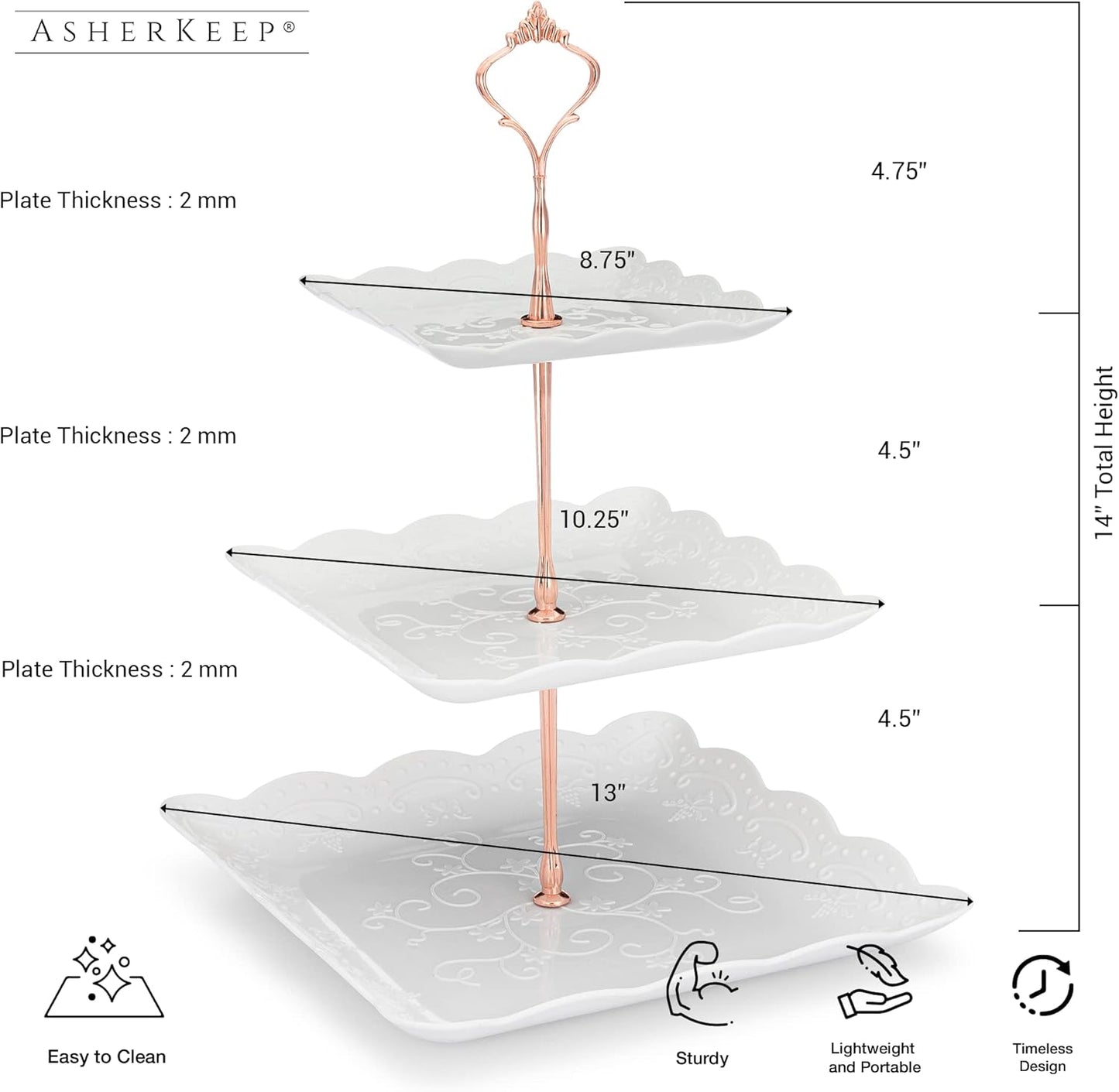 3 Tier Cupcake Stand - Dessert Table Display Set, Tiered Serving Cake Tray, White Embossed Dessert Stand, Parties Serving Plate, Decorative Centerpiece to Any Occasion - (Square)
