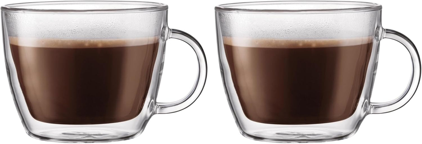Bodum 15oz Double Wall Latte Mug, High-Heat Borosilicate Glass, Set of 2, Clear