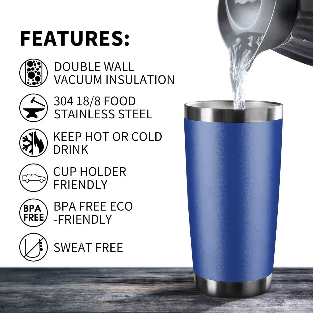 20oz Tumbler Stainless Steel Vacuum Insulated Mug with Lid, Double Wall Travel Mug, Durable Powder Coated Coffee Cup, Suitable for Ice Drinks and Hot Beverage (New Blue 6 pack)