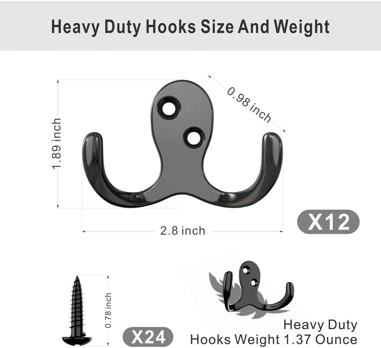 12 PCS Heavy Duty Coat Hooks - Wall Mounted Hooks for Coats, Backpacks, Robes & Hats - Includes 24 Screws