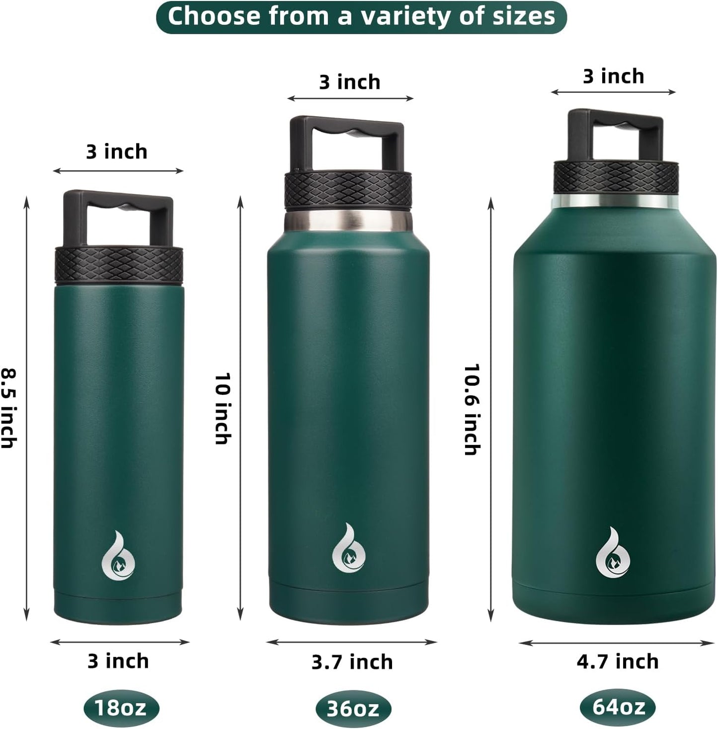 BJPKPK Insulated Water Bottles, Dishwasher Safe 36 oz Water Bottle with Handle, Leakproof BPA Free Water Jug, Stainless Steel Thermos for Sports, Army Green