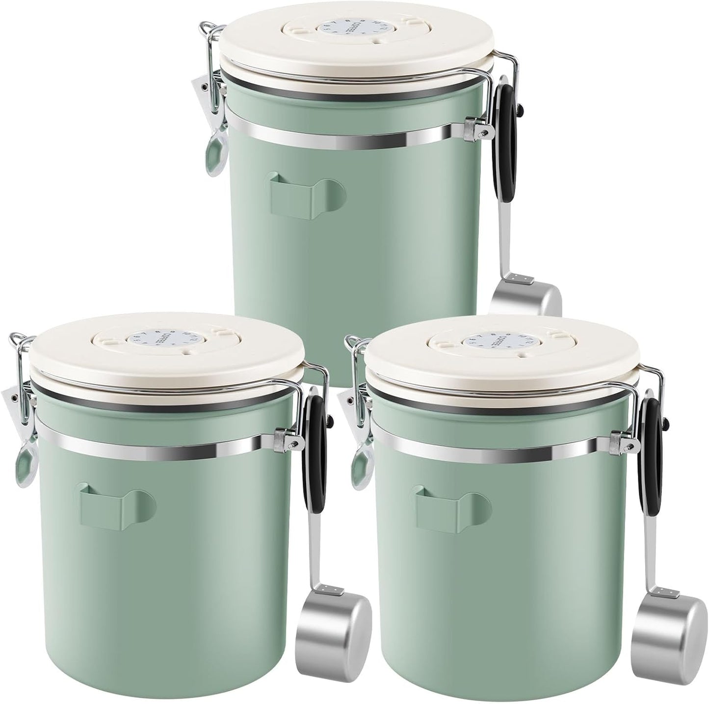 3Pcs Coffee Storage Canister 1.5L Double Airtight Coffee Beans Container with Date Locator 304 Stainless Steel Kitchen Food Storage Container with Spoon for Coffee Beans Grounds Tea,Green Sugar,Green