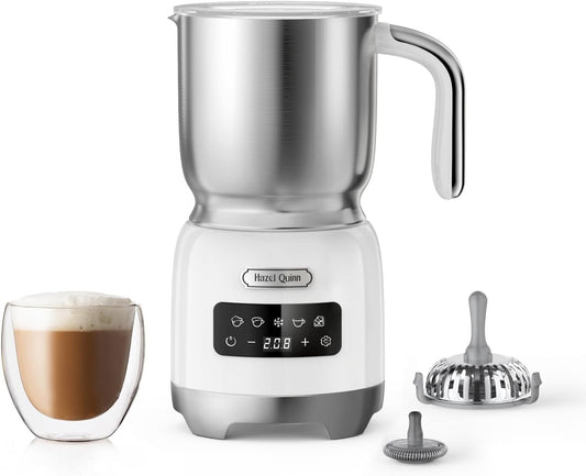 Hazel Quinn Milk Frother - Hot and Cold Detachable Milk Frother with Adjustable Temperature & Foam Thickness, Dishwasher Safe, for Latte/Cappuccino/Hot Chocolate, 400ML (13.5oz) - Pearl White