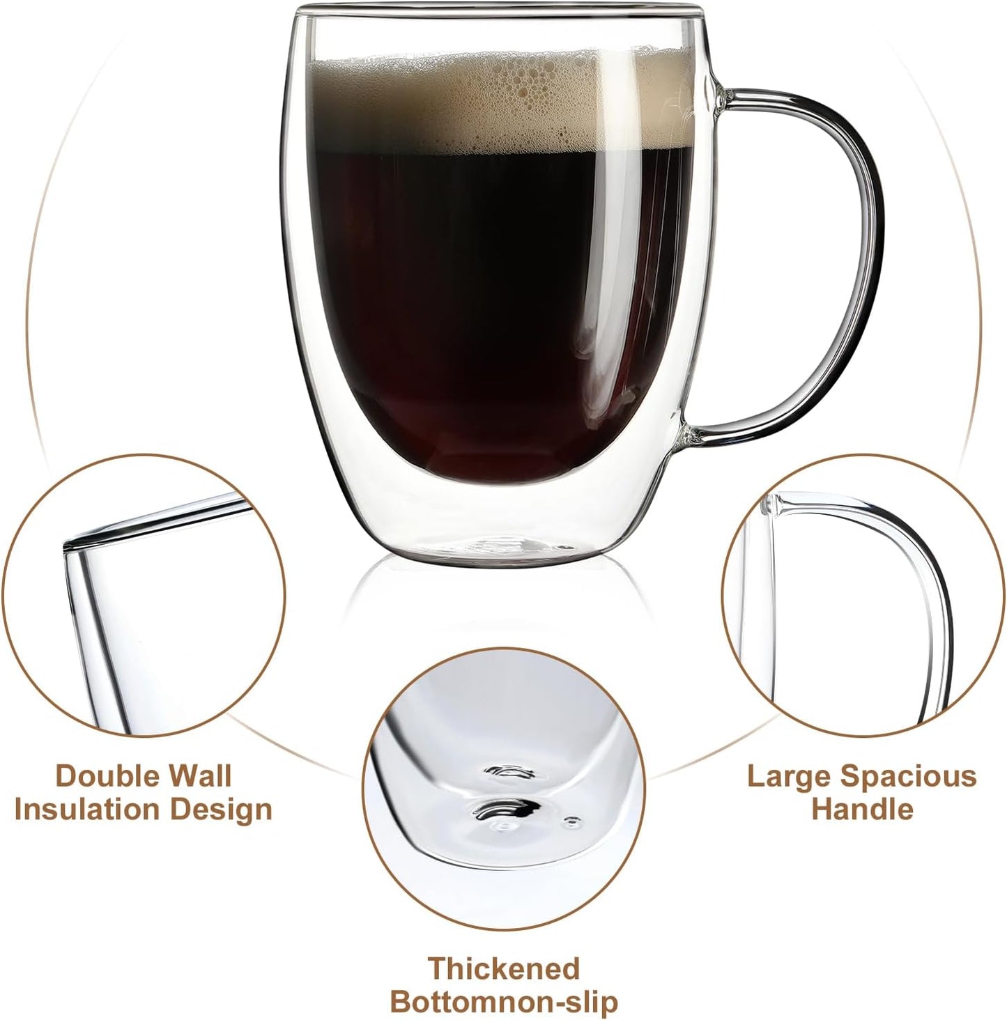 Aurzen 2 Pack Double Walled Glass Coffee Mugs with Handles, Large Insulated Layer Coffee Cups, 12oz Clear Borosilicate Mugs, Perfect for Cappuccino, Tea, Microwave Safe
