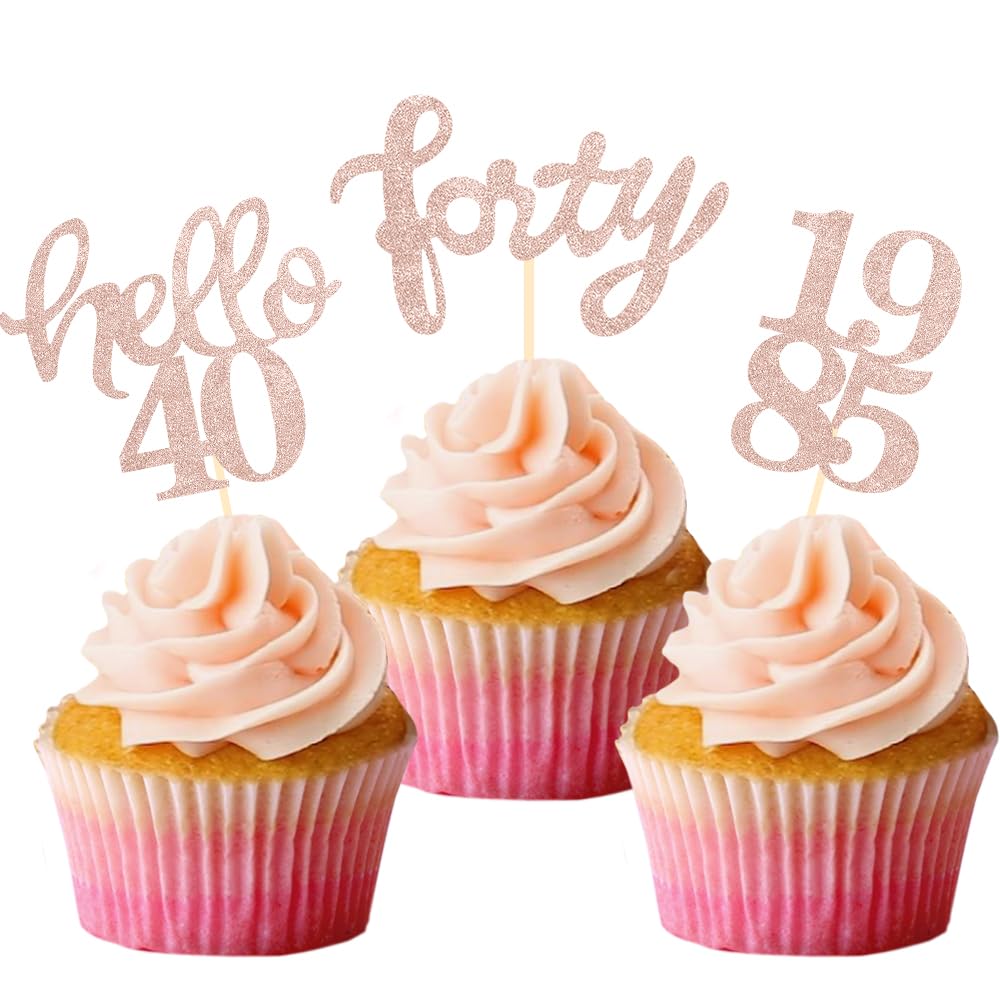 Rose Gold Glitter 40th Birthday Cupcake Toppers 40th Birthday Celebrating Party Decorations - Set of 24