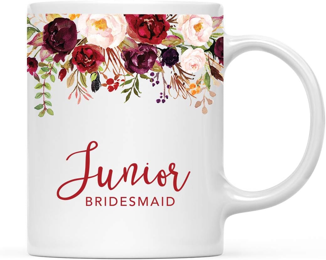 Andaz Press 11oz. Wedding Ceramic Coffee Tea Mug Gift, Fall Autumn Marsala Burgundy Flowers Roses Florals, Junior Bridesmaid, 1-Pack, Includes Gift Box