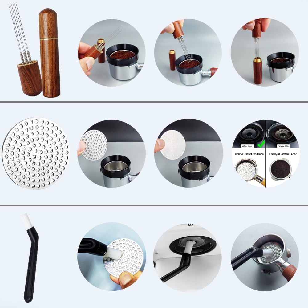 51mm Espresso Tamper Set, 5PCS Coffee Tamper Kit with WDT Tool, Coffee Stirrer, Dosing Funnel, Puck Screen 51mm Espresso Accessories Tampers Kit (Silver)