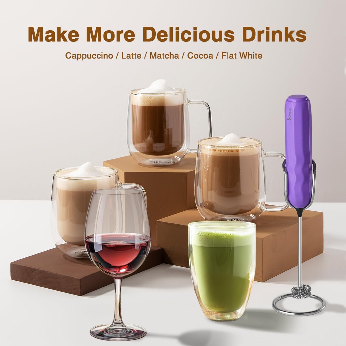 SUPRUS Ultra Fast Handheld Milk Frother Double Whisk with Stand 2 Batteries Stainless Steel for Lattes Cappuccino Matcha Hot Chocolate Coffee Bar Accessories Kitchen Gadgets Gift