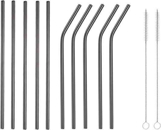 10 Pcs Stainless Steel Straws, Reusable Drinking Straws, 5 Straight + 5 Bent Metal Straws Set With 2 Pcs Cleaning Brushes (Black, 10.5 Inch)