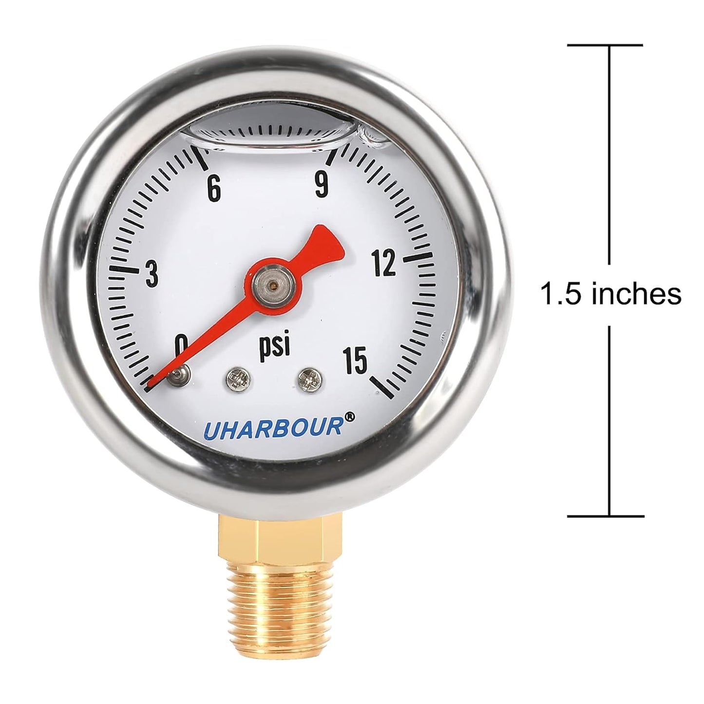 Glycerin Filled Pressure Gauge with 304 Stainless Steel Case, 1-1/2" Dial Size, 0-15Psi, High Accuracy, 1/8" NPT Center Lower Mount with Single Scale