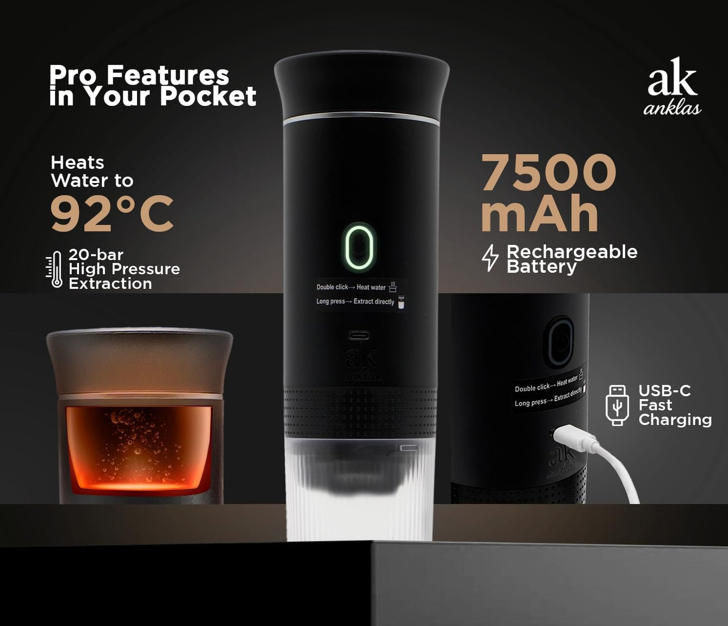 3-in-1 Portable Coffee Maker – Electric Espresso Machine for Travel – Compatible with Ground Coffee, NS & DG Capsules – USB-C Rechargeable Portable Espresso Maker (Black)