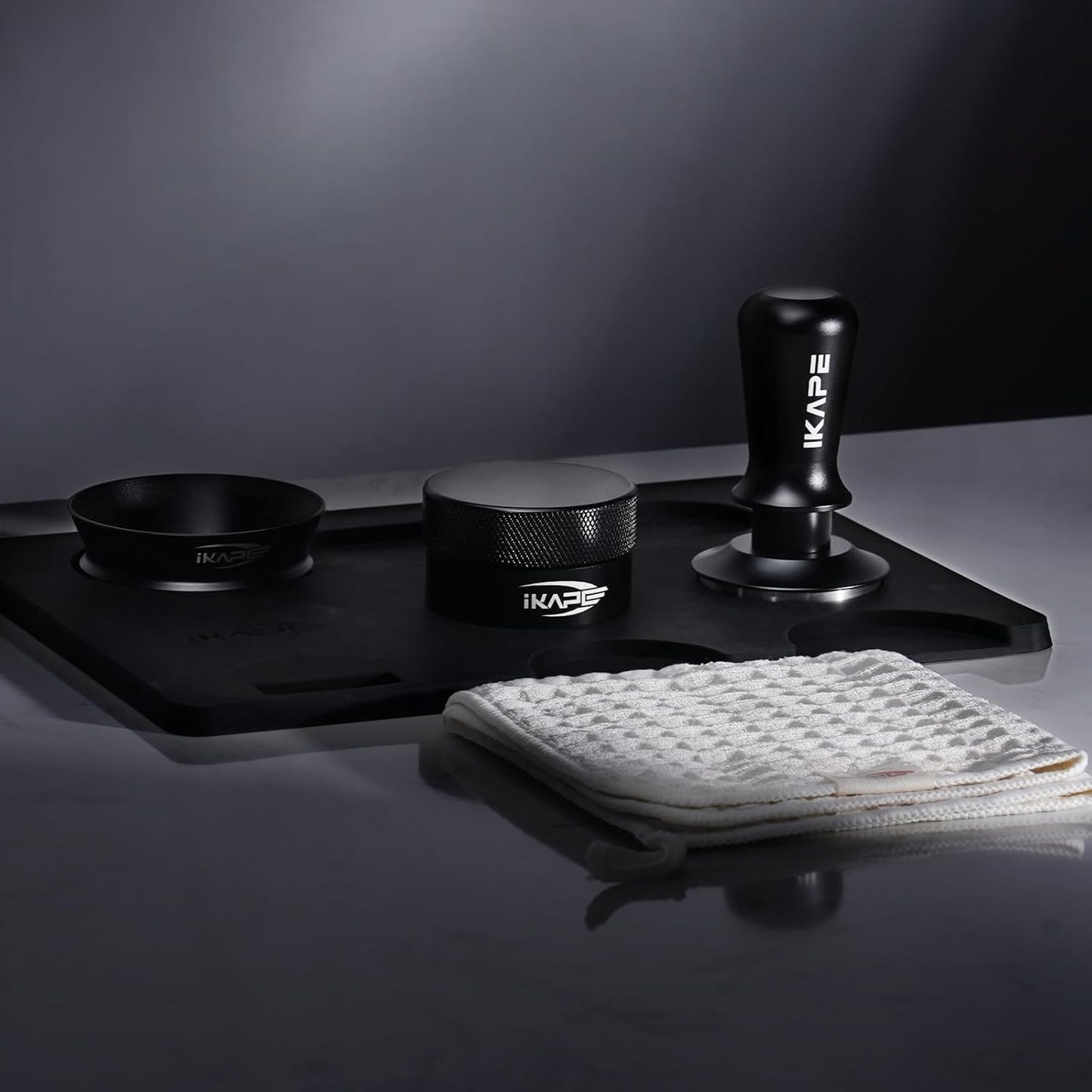 IKAPE 51MM Espresso Tamper Kit Black 6 IN 1, Espresso Accessories Kit Featuring Coffee Tamper, Distributor, Magnetic Dosing Funnel, Silicone Mat, Puck Screen, Cleaning Towel
