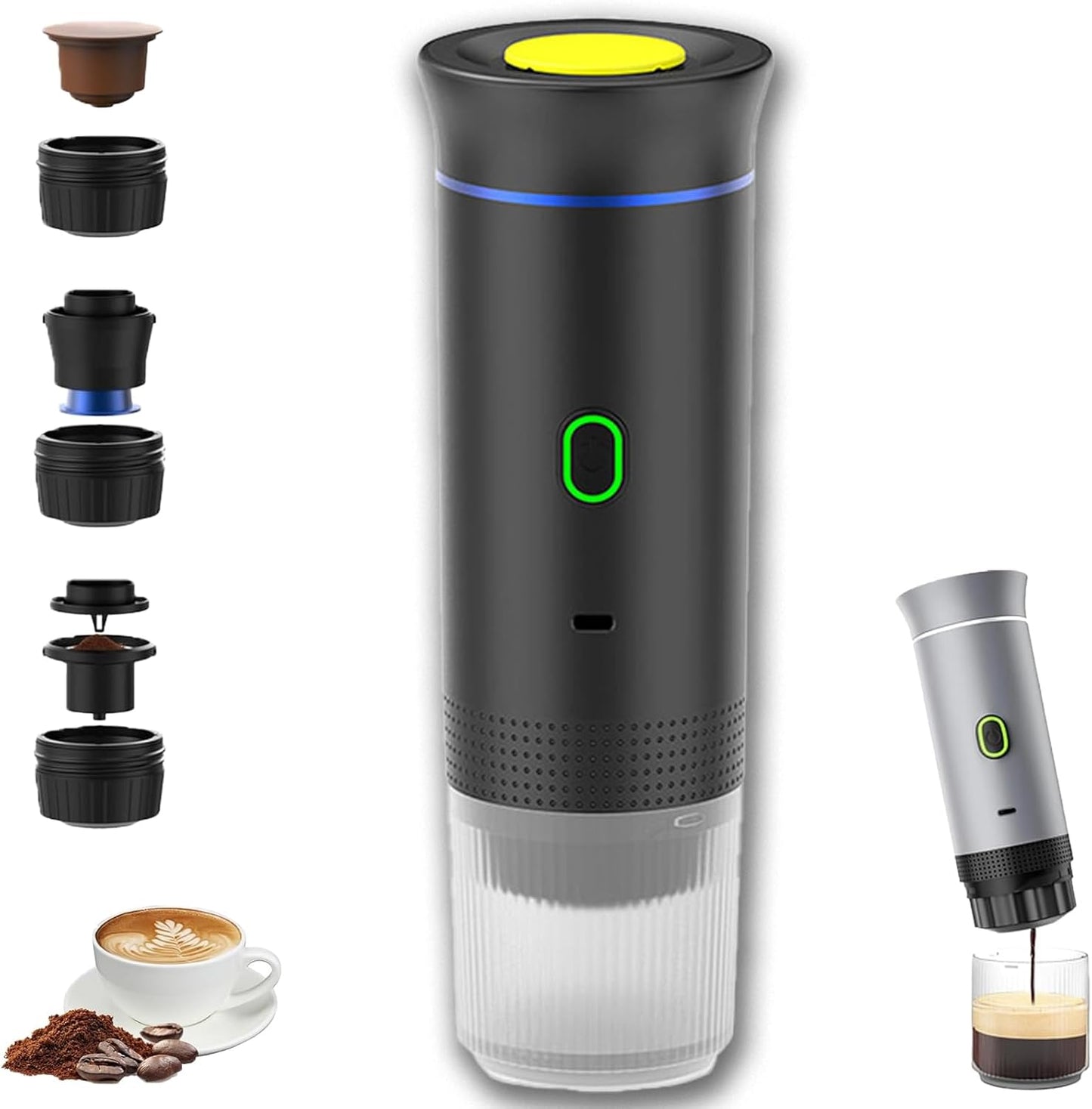 Esprova Portable Espresso Machine, Portable Electric Coffee Maker for Travel Camping, 3-in-1 Self-Heating Espresso Maker, Compatible with Ground Coffee and Capsules, Compact Lightweight (Black)