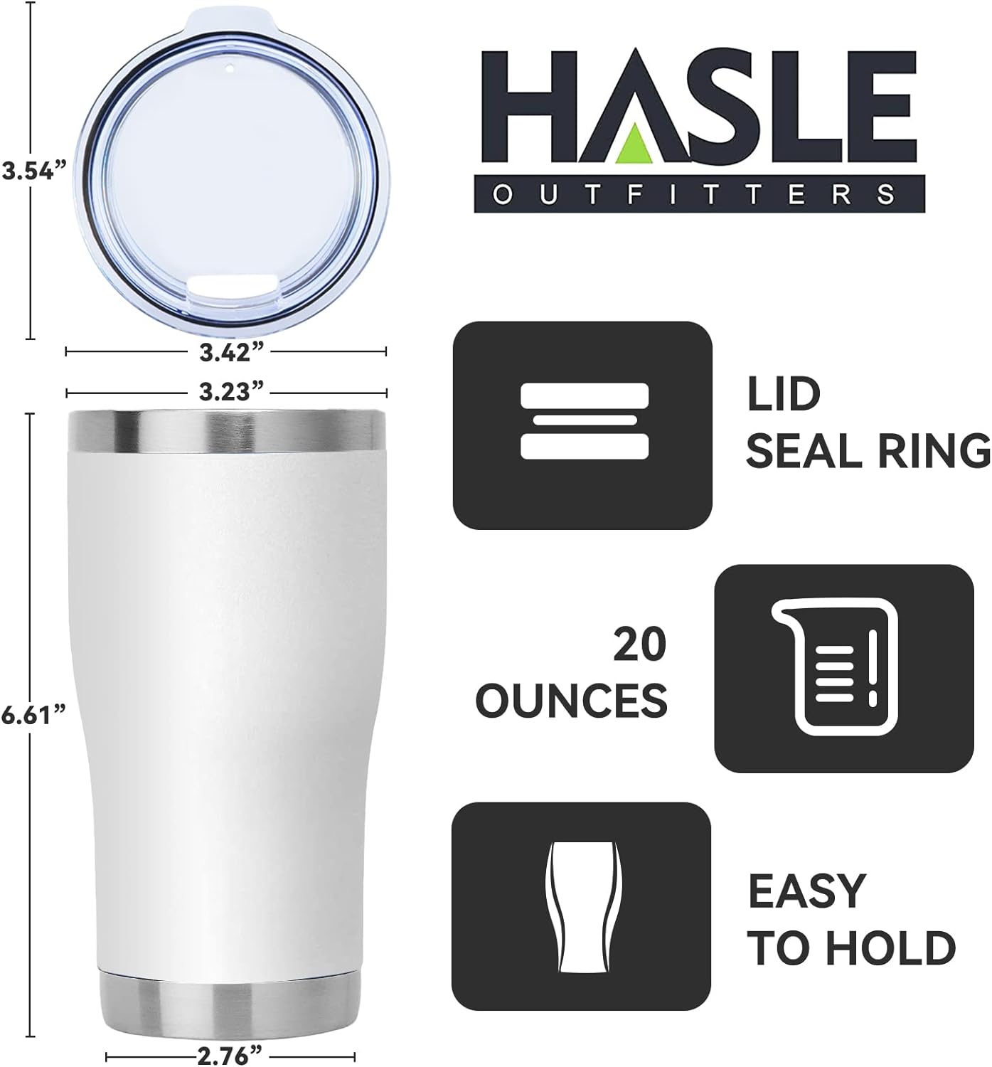 HASLE OUTFITTERS 20 oz Tumbler Bulk, Stainless Steel Tumblers with Lid, Vacuum Insulated Tumbler, Double Wall Powder Coated Cup, coffee mugs, White, 1 Pack