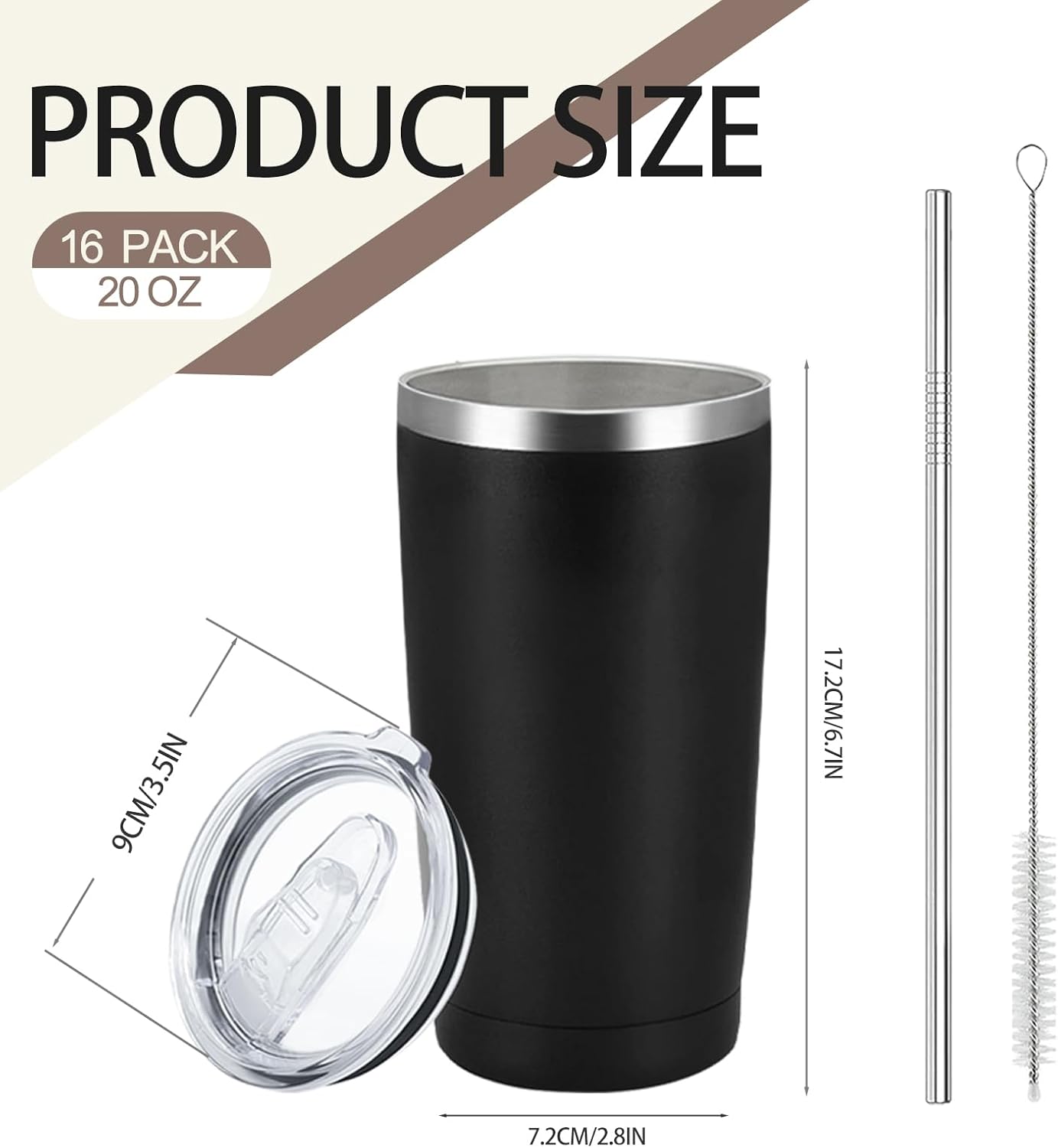 16 Pack Stainless Steel Tumbler Bulk Insulated Vacuum Travel Mug Powder Coated Coffee Mug Gift for Laser Engrave, 20oz Black