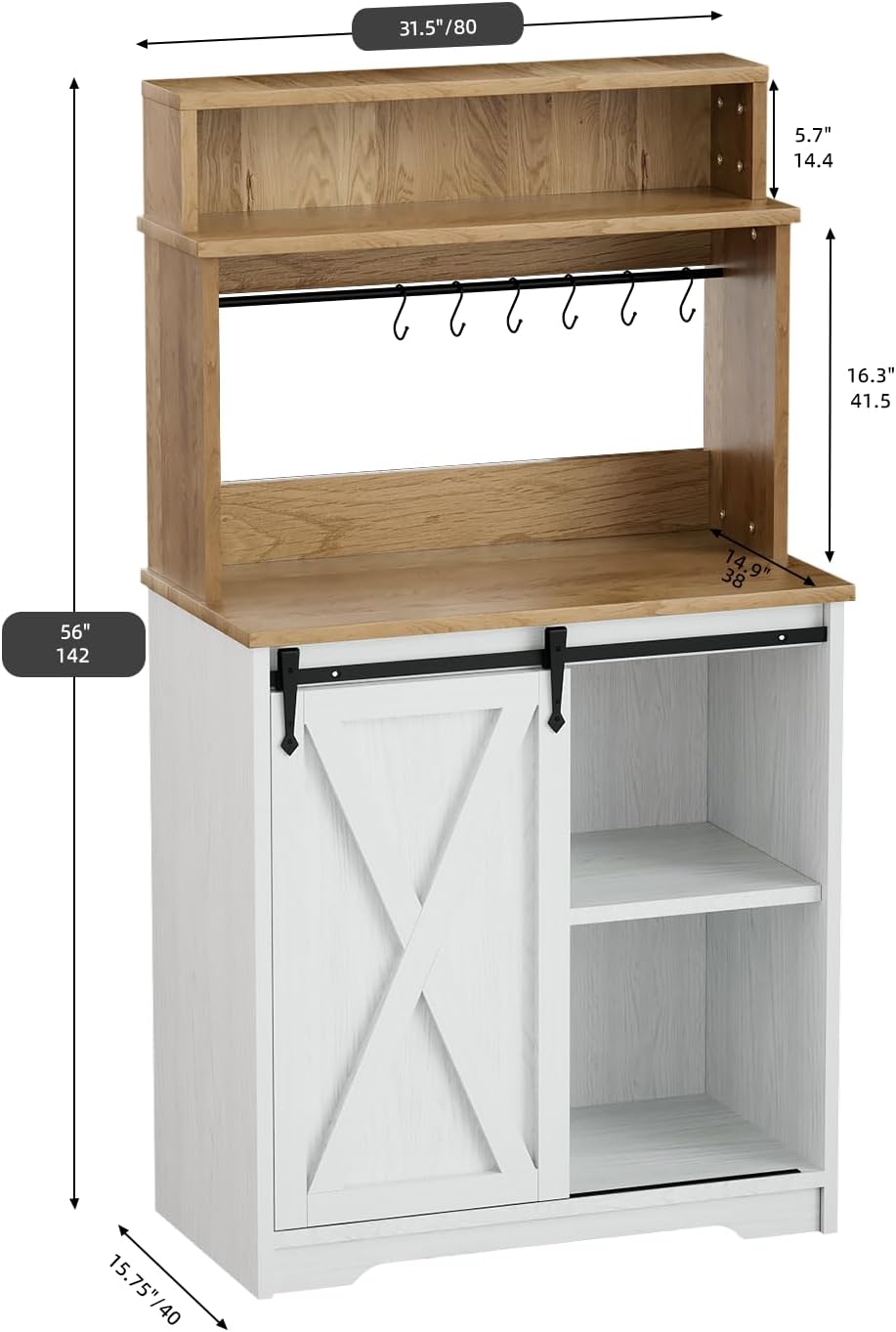 Farmhouse Coffee Station with 3 Tier Storage Hutch & 6 Hooks - 56 Inch Small Coffee Bar Table with Adjustable Shelves for Living/Dining Room