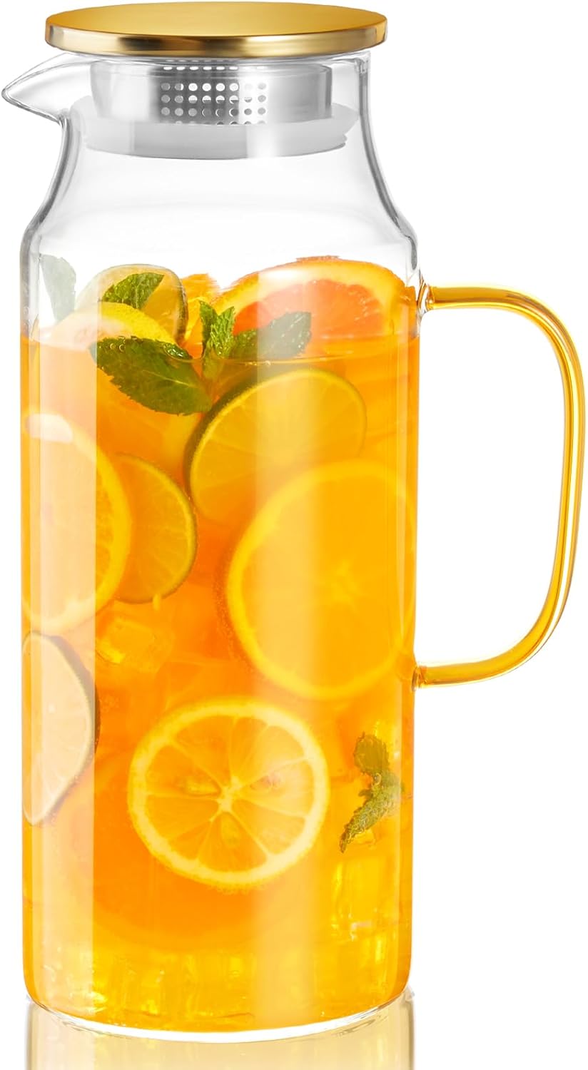 2 Liter 68 oz Glass Pitcher with Lid and Spout, Gold Glass Water Pitcher for Fridge, Glass Carafe for Hot/Cold Water, Large Jug for Iced Tea, Coffee, Juice and Homemade Beverage