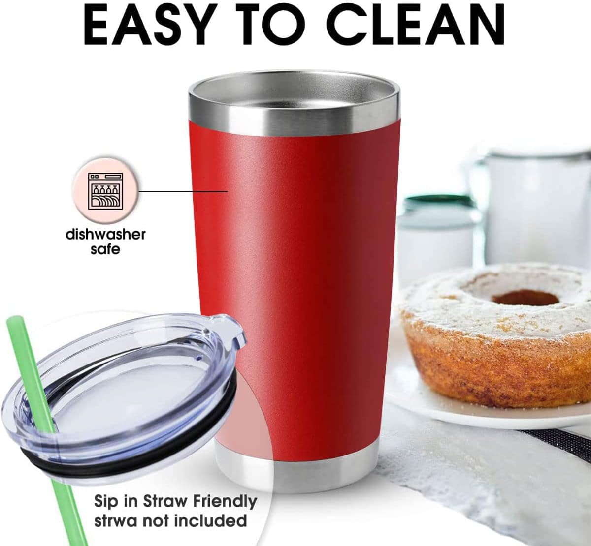 HASLE OUTFITTERS 20oz Tumblers Stainless Steel Mugs with Lid Double Wall Vacuum Insulated Coffee Cups for Cold & Hot Drinks (20oz-Red, 1 Pack)