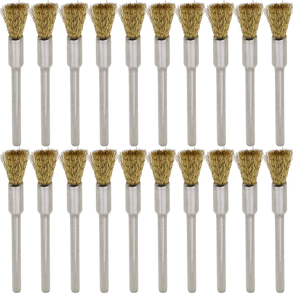 20PCS Brass Wire Brushes - Metal Rust Removal, Cleaning, and Polishing - 5mm Diameter, 1/8″ (3mm) Shaft - Removes Burrs, Dust, and Oxide Layer - Handles Rough Surfaces - Rotary Tool Accessories