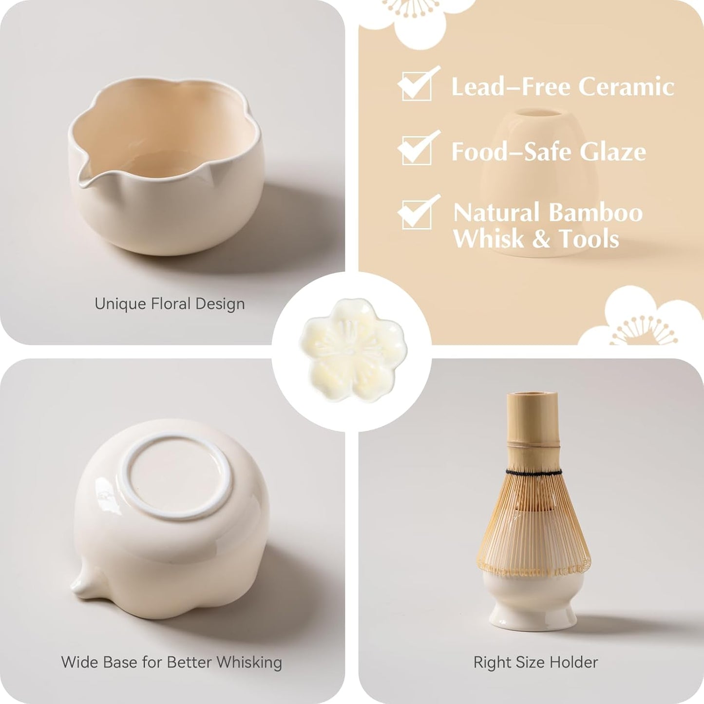 Matcha Set, 8Pcs Floral Ceramic Matcha Set with Matcha Whisk, Holder, Scoop, Scoop Rest, Sifter, Spoon and Tea Towel - Thoughtful Matcha Whisk Set Gift for Matcha Lovers (Beige)