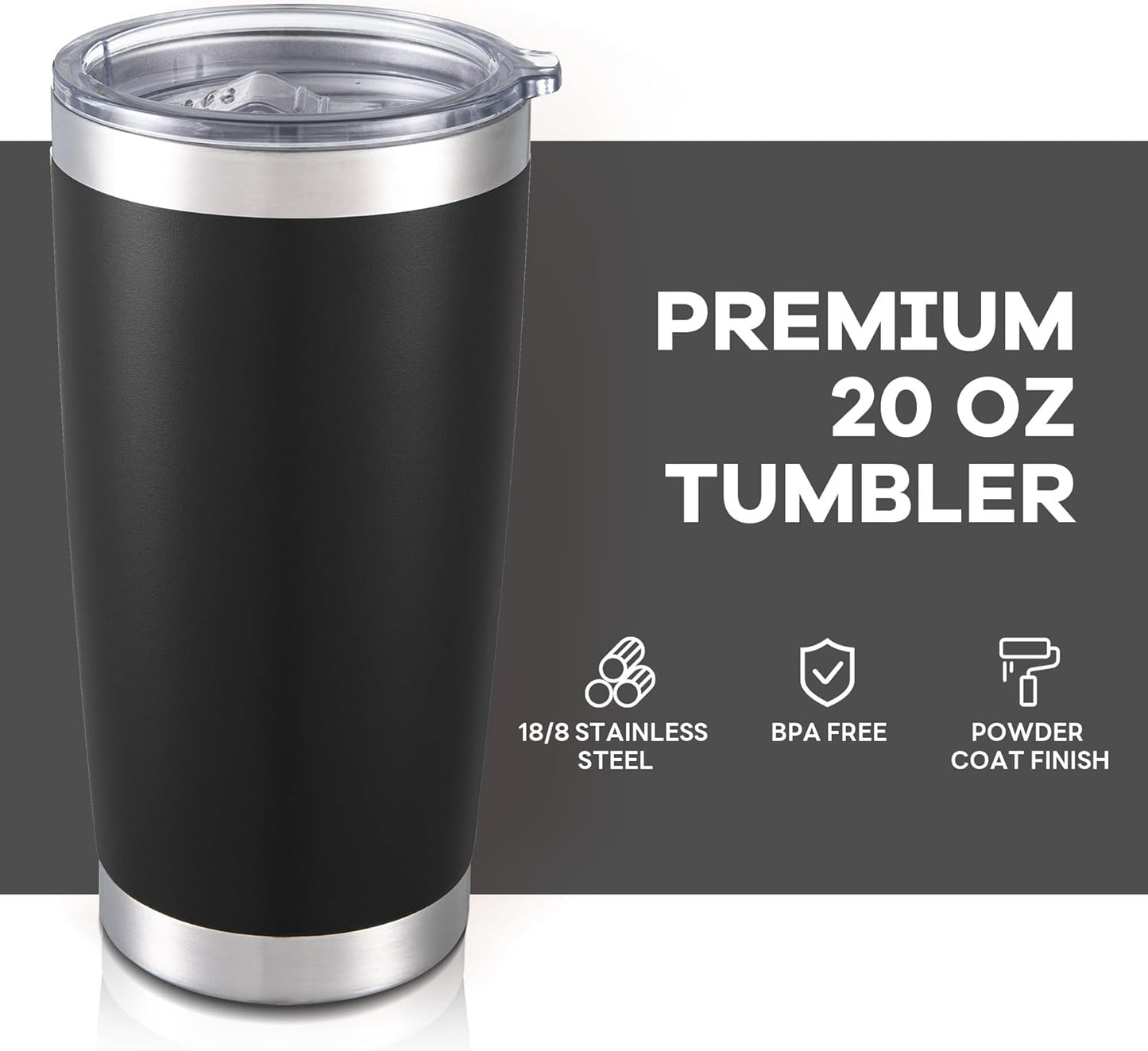 20 oz Tumbler with Lid Stainless Steel Insulated Tumblers Bulk Double Wall Vacuum Cups Powder Coated Travel Mug Keep Drinks Cold and Hot, Black, 4 Pack