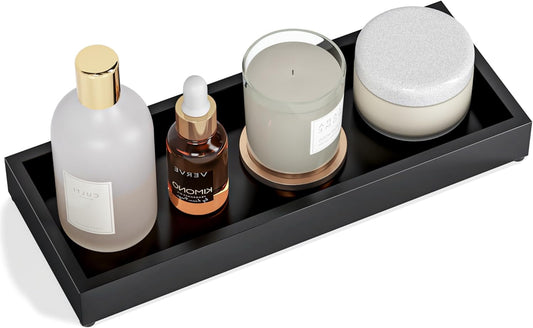 Bathroom Vanity Tray Black Decorative Tray for Counter, 11.2"x 4.3" Small Wood Sink Soap Tray Holder for Kitchen, Dresser Countertop Decor Rectangle Wooden Organizer, Black