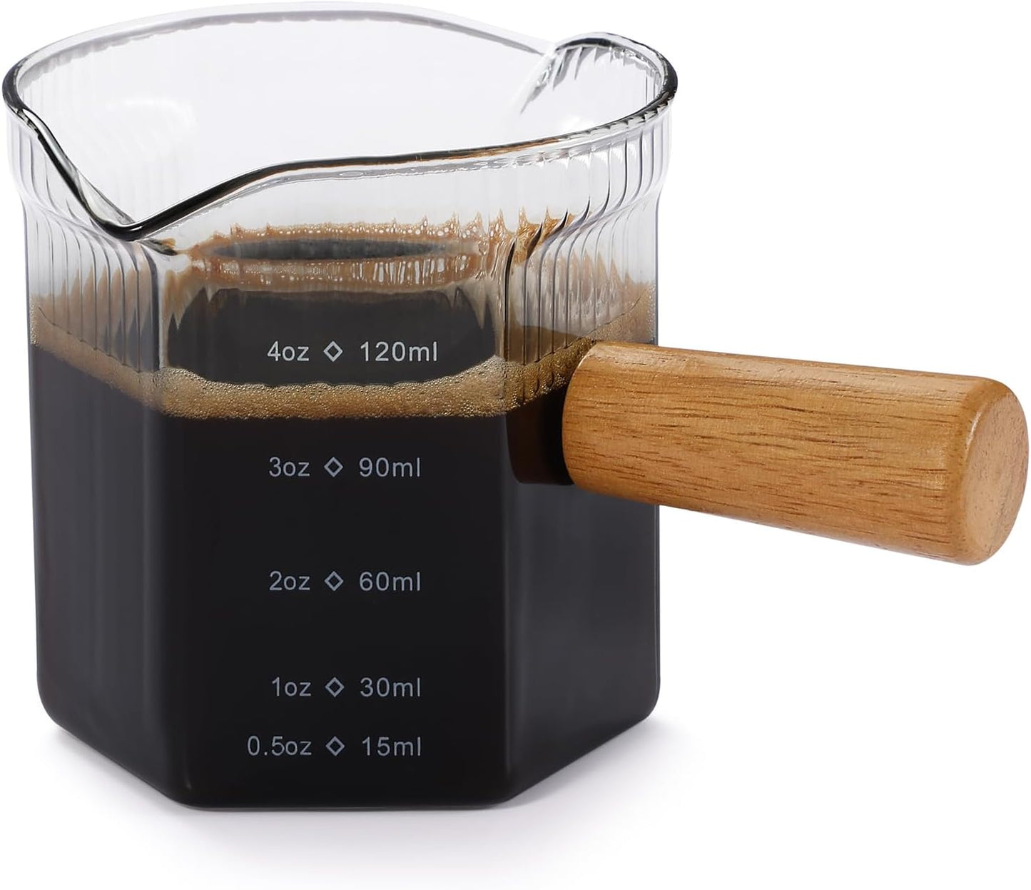Espresso Cups 4 OZ, Double V-Shaped Spouts Cups, Espresso Shot Glasses with Wood Handle, Ribbed Milk Measuring Cup