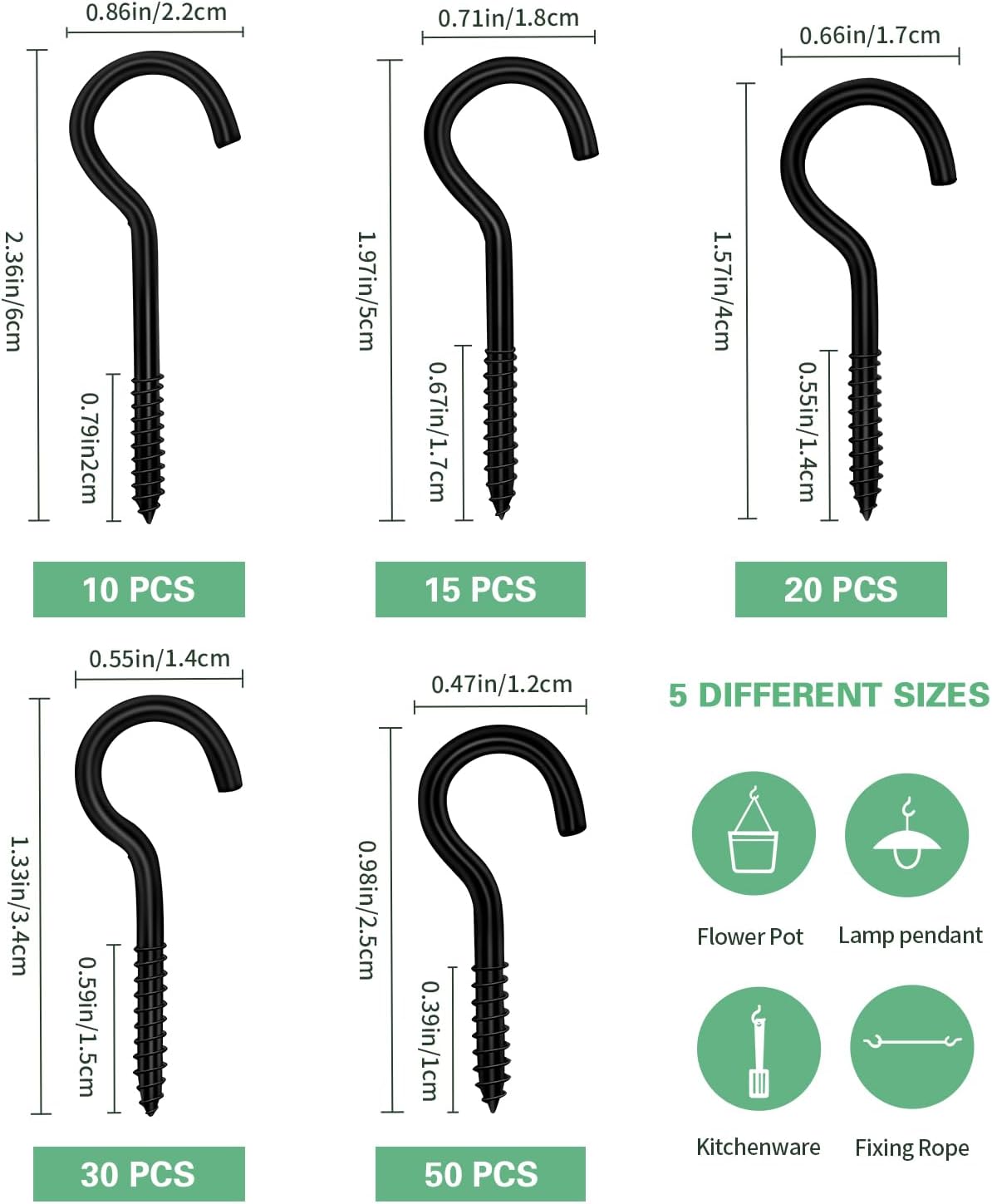 125 Pcs Screw Hooks in 5 Sizes – Cup Hooks for Hanging Plants, Mugs, Lights, and Ceiling Storage (Black)