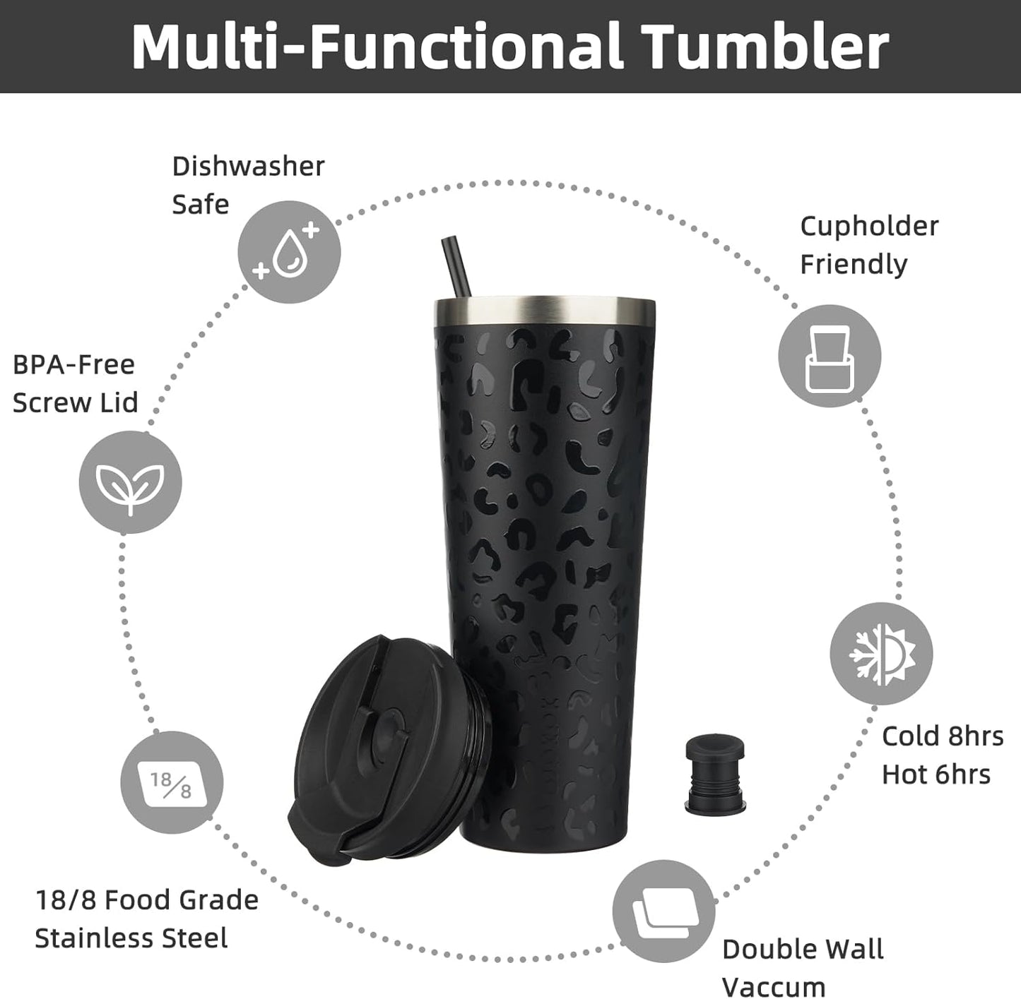 BJPKPK 26oz Insulated Tumbler With lid And Straw Stainless Steel Tumblers Travel Coffee Mug Reusable Thermal Cup,Black Leopard