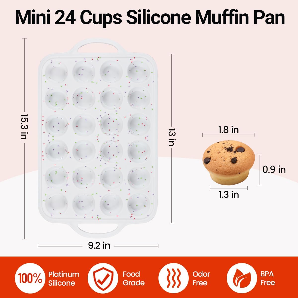 Mini Muffin Pan, Metal Reinforced Frame Mini Cupcake Pans 24 Cups Nonstick Muffin Silicone Molds with Handle for Baking Muffins, Cupcakes, Egg Bites 2 Pack