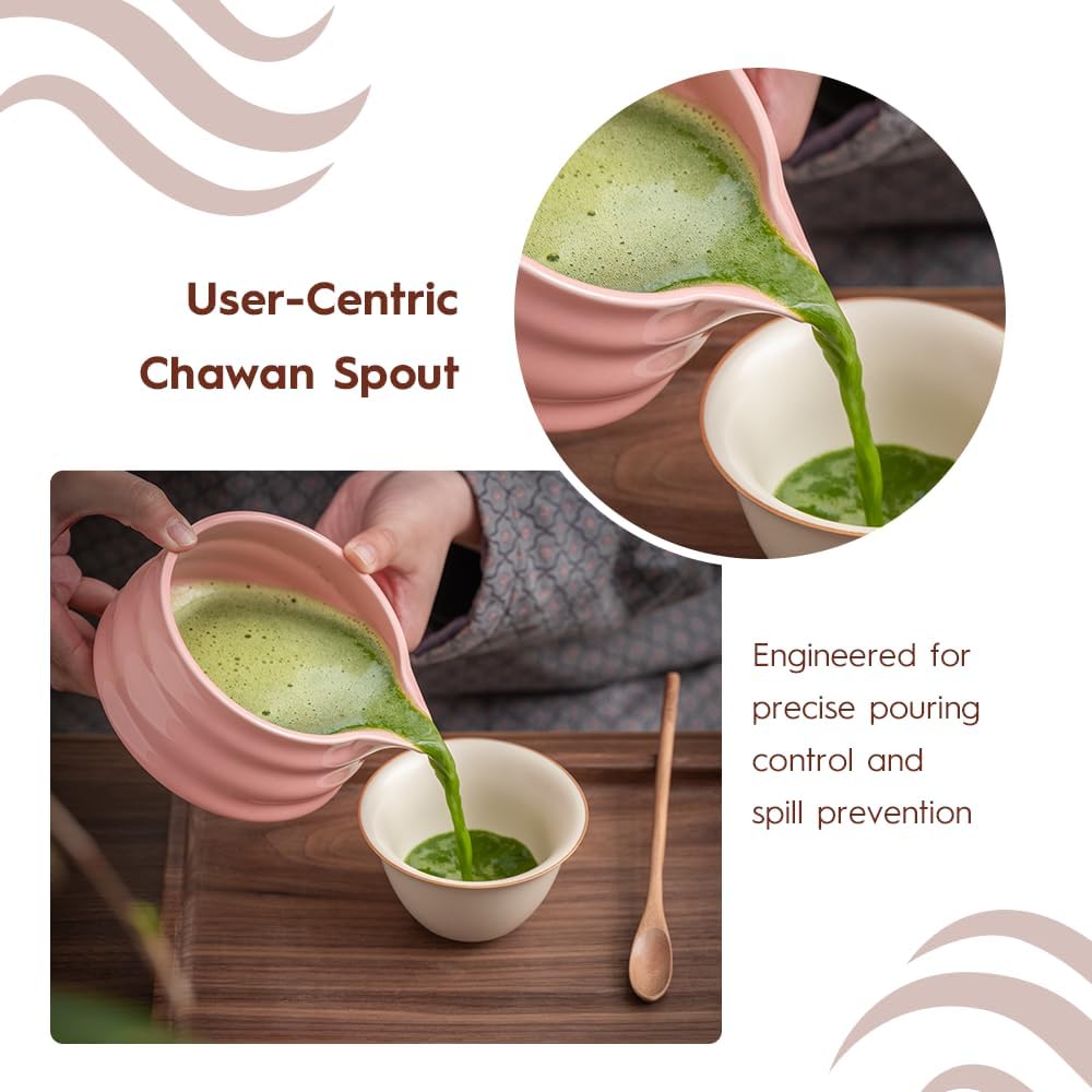 6 Pcs Matcha Set - Ceramic Bowl with Spout, Matcha Whisk with Holder, Tea Powder Canister, Sifter and Spoon, Complete Kit for Traditional Matcha, Modern Lattes, and Tea Ceremonies (Pink)