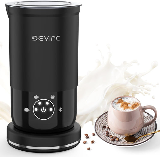 DEVINC Milk Frother, 4-in-1 Milk Frother and Steamer, Hot and Cold Foam Maker and Milk Warmer with Auto Shut-Off, Electric Frother for Coffee, Latte, Cappuccino, Matcha