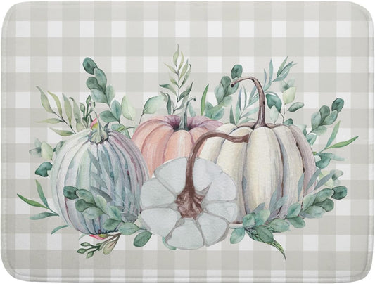 Fall Colorful Pumpkin Dish Drying Mat for Kitchen Counter,Green Leaves Drying Mat with Hanging Loop 18 x 24 Inch Microfiber Grey White Check Plaids Dish Drying Pad Dish Rack Drainer Mat for Coffee Bar