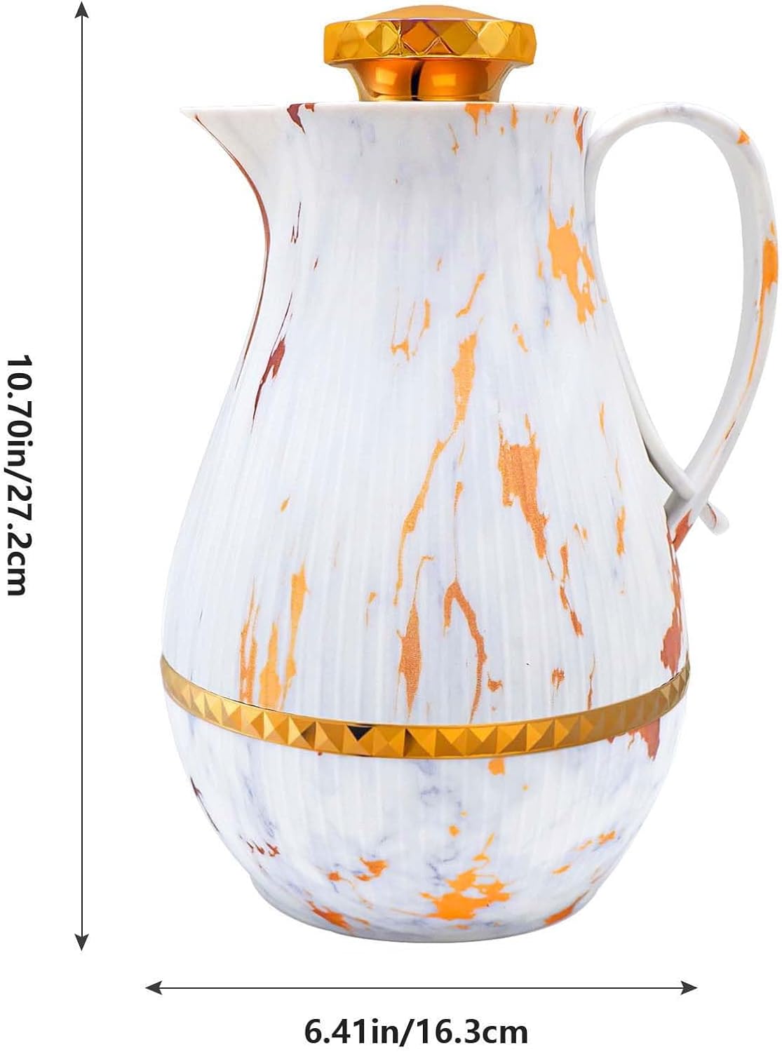 Insulated Thermal Coffee Carafe, 33 oz, Luxury Arabic-Style Insulated Carafe Flask, Coffee Tea Pot, with Spout and Glass Liner for Hot Cold Water, Housewarming Ornaments (White and Gold)