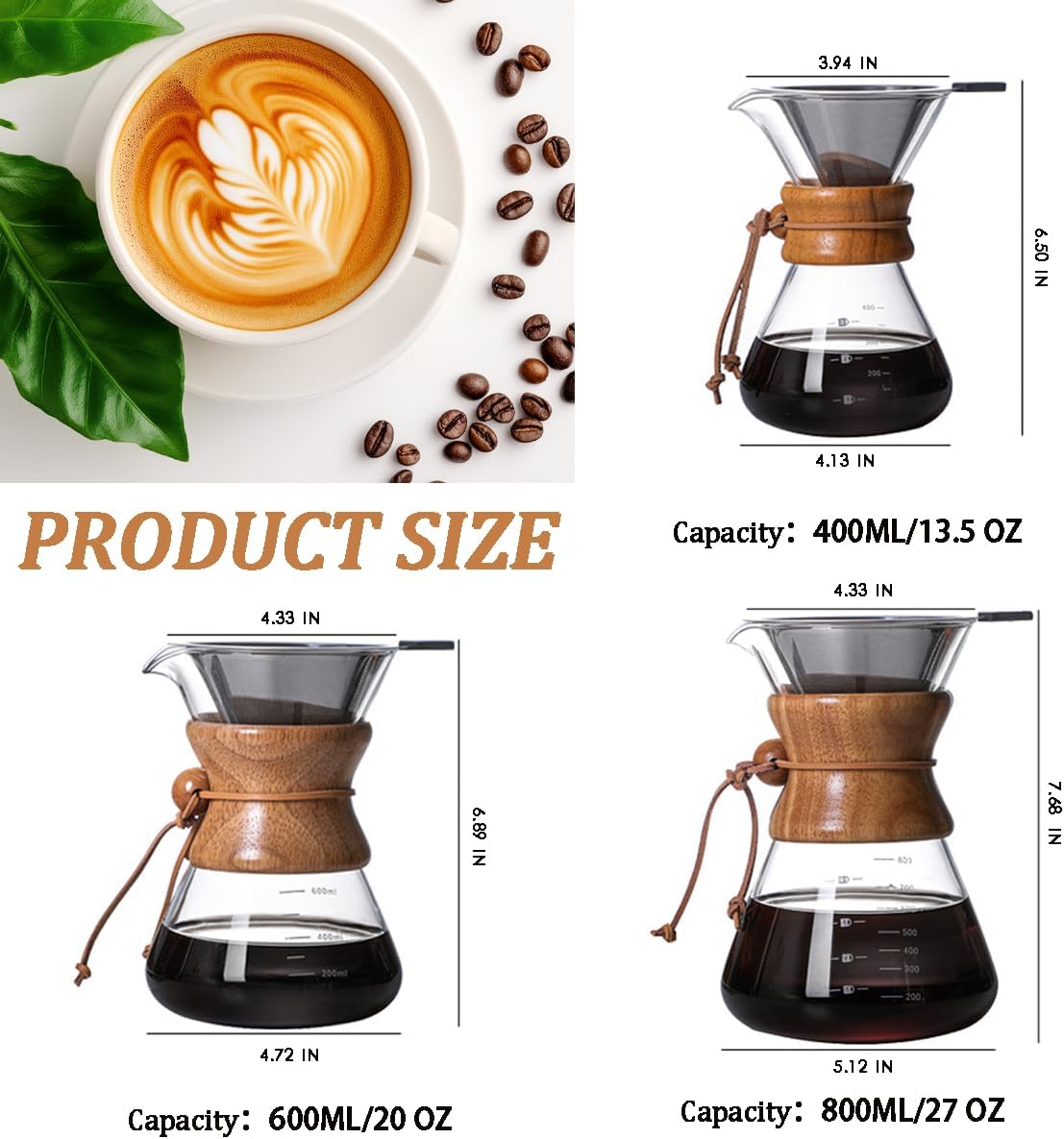 Pour Over Coffee Maker with Reusable Stainless Steel Drip Filter, Lead-Free Borosilicate Glass Coffee Carafe with Modern Wooden Collar for 1-2Cup, Circular Clear (400ml/13.5oz)