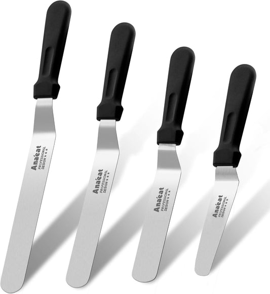 Anaeat Icing Spatulas, Set of 4 Professional Cake Angled Offset Spatula with 4", 6", 8", 10" Stainless Steel Blades - Thickened Frosting Knife with Plastic Handle for Cake Decorating, Pastry & Baking