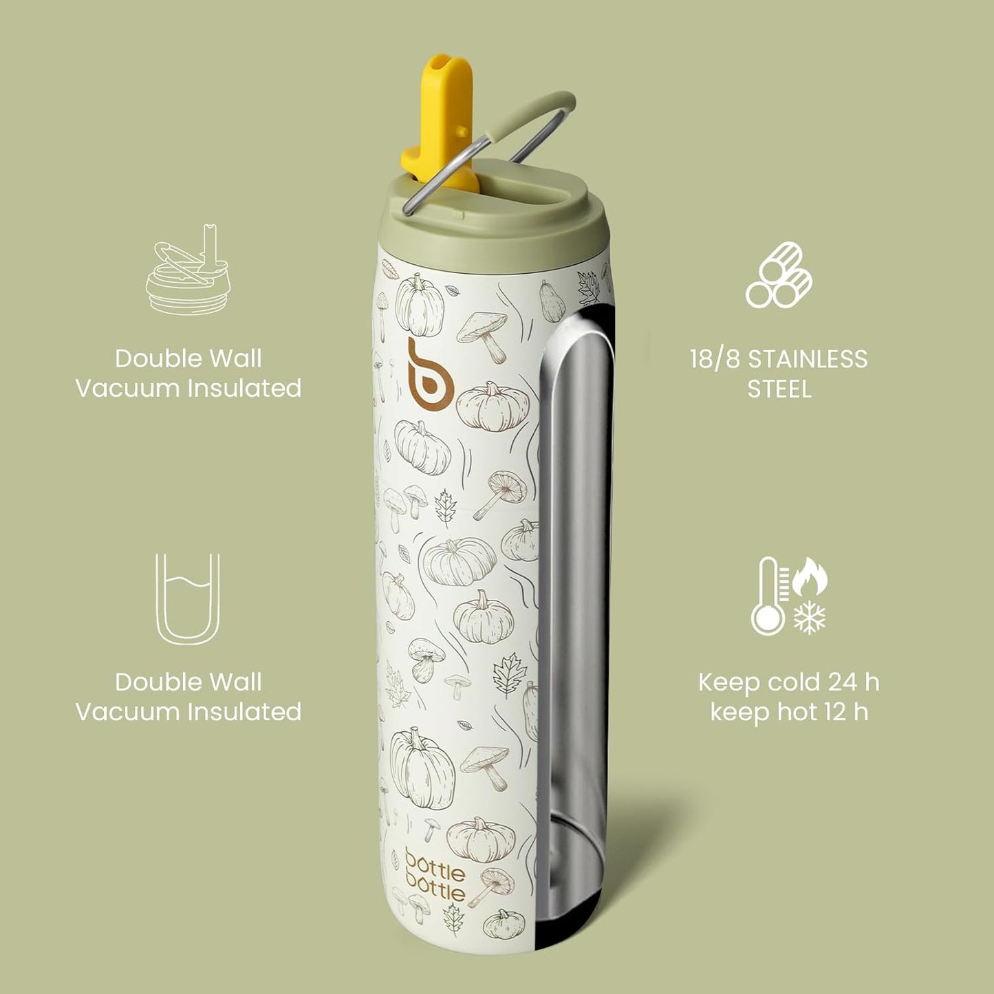 BOTTLE BOTTLE Stainless Steel Water Bottle with Straw Lid and Handle 32 oz Vacuum Insulated Cup for Sports Travel Gym Hiking,Leak-Proof Wide Mouth Water Bottles for Men and Women,pumpkin