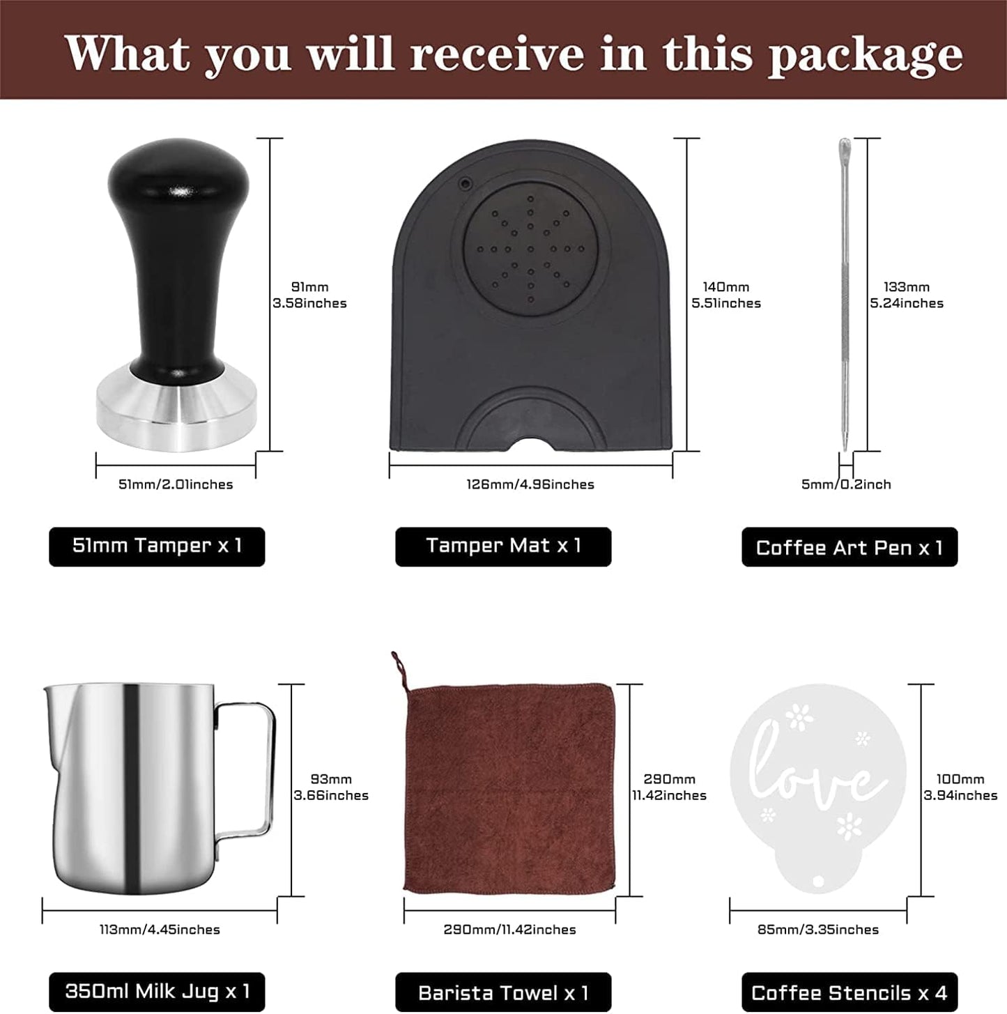 51 mm Coffee Tamper Set Coffee Press for Portafilter Machine Espresso Tamper with Tamper Mat, Frothing Pitcher (350ml/11.836oz), Barista Towel, Latte Art Pen and Decorative Stencils